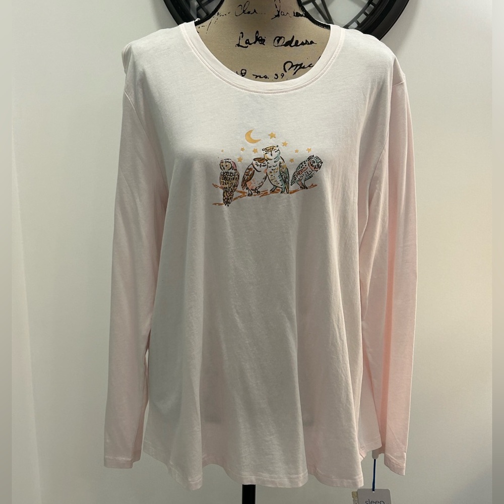 Sleep sense pink owl graphic sleep/lounge/everyday long sleeve t-shirt NWT